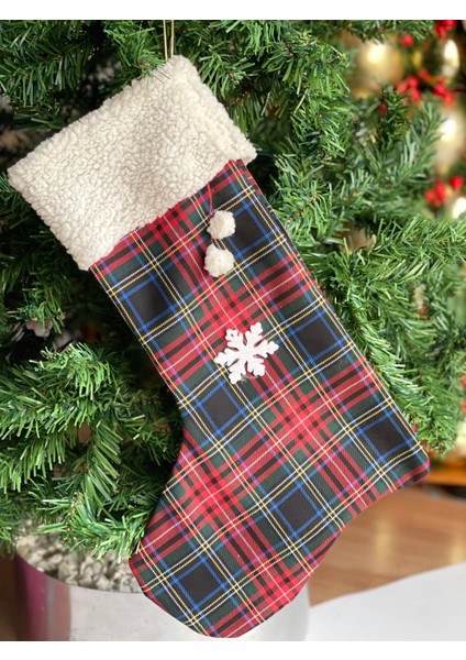 Yeni Yıl Yılbaşı Özel Lüks Dev Boy Ekoseli Noel Çorabı Kese Hediye Poşeti Çanta Çorap