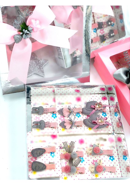 Lüks Gümüş Kutulu Yılbaşı 12 Parça Bebek Çocuk Taşlı Toka Aksesuar Hediye Seti Şapka Tavşan