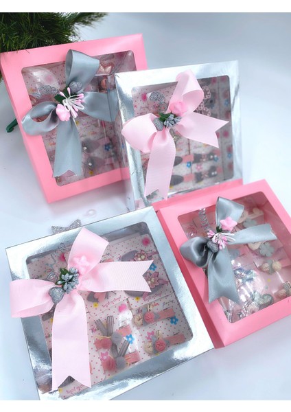 Lüks Gümüş Kutulu Yılbaşı 12 Parça Bebek Çocuk Taşlı Toka Aksesuar Hediye Seti Şapka Tavşan fiyatları