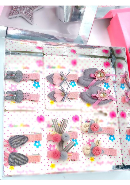 Lüks Gümüş Kutulu Yılbaşı 12 Parça Bebek Çocuk Taşlı Toka Aksesuar Hediye Seti Şapka Tavşan fırsatları