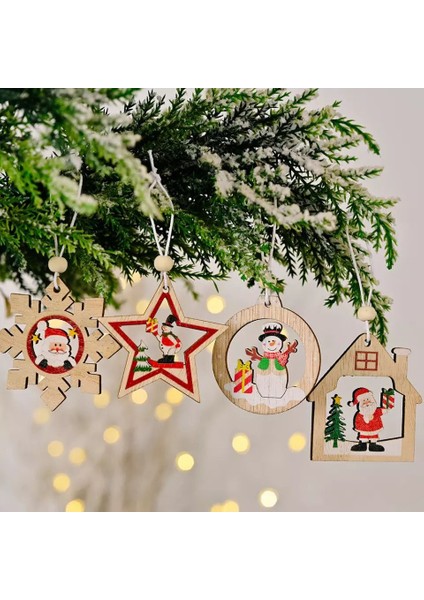 Yılbaşı Lüks 12LI Çam Ağacı Dekorasyon Süs Hediyelik Ahşap Kutulu Noel Baba Kar Tanesi