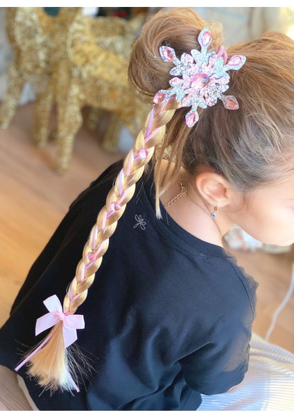 Lüks Kristal Taş Boncuk Simli Kar Tanesi Uzun Takma Sarı Örgü Saç Toka Postiş Çocuk Tokası Pembe