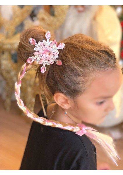 Lüks Kristal Taş Boncuk Simli Kar Tanesi Uzun Takma Sarı Örgü Saç Toka Postiş Çocuk Tokası Pembe fiyatları