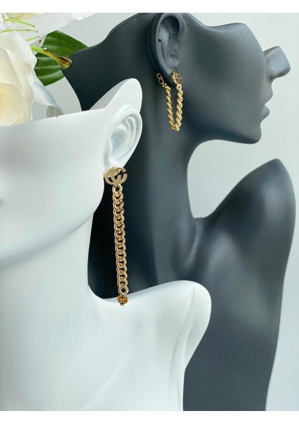 Lüks Moda Zincir Çift Kullanım Küpe Gold Altın Halka Sarkıt