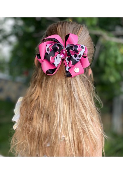 Yeni Lüks Minnie Mouse Kristal Taşlı Katlı Kelebek Fiyonk Fuşya Pembe Siyah Toka Kadın Çocuk Tokası