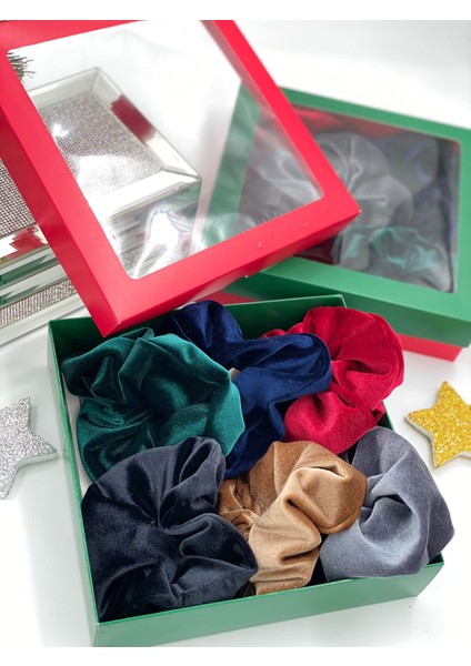 Yeni Yıl Yılbaşı Özel Hediye Kutulu Lüks Kadife Simit Halka Lastik Toka Seti Bordo Yeşil Gümüş Gri