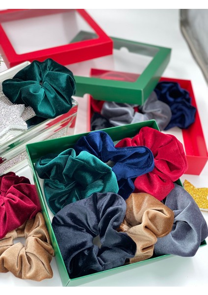 Yeni Yıl Yılbaşı Özel Hediye Kutulu Lüks Kadife Simit Halka Lastik Toka Seti Bordo Yeşil Gümüş Gri modelleri