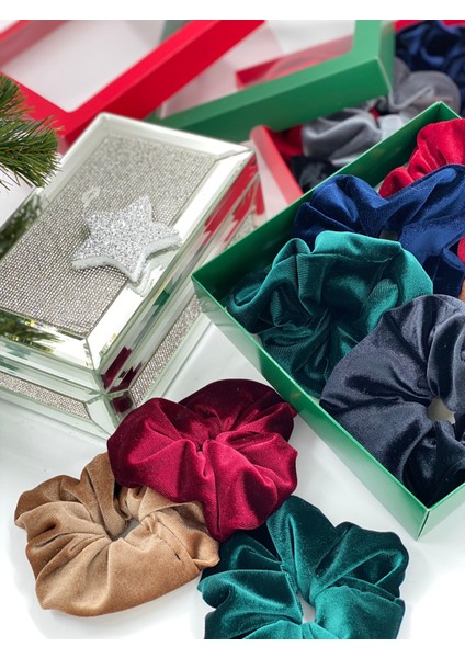 Yeni Yıl Yılbaşı Özel Hediye Kutulu Lüks Kadife Simit Halka Lastik Toka Seti Bordo Yeşil Gümüş Gri fırsatları