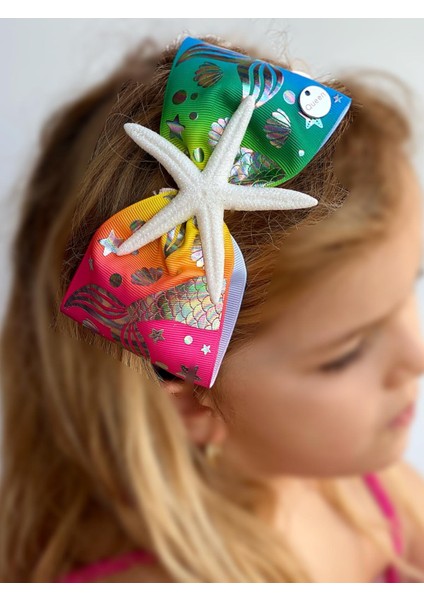 Özel Tasarım Jojo Siwa Büyük Fiyonk Hologram Parlak Denizkızı Simli Yıldız Taç Kabartmalı Desen