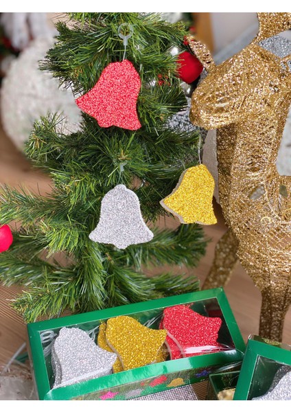 Yeni Yıl Yılbaşı Hediye Çan Zil 12 Li Simli Çam Ağacı Süs Strafor Set Kutulu Gold Gümüş Kırmızı