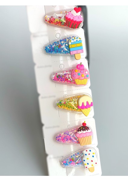 6lı Metal Pensli Parlak Sim Pullu Cupcake Dondurma Çocuk Toka Seti Jibbitz