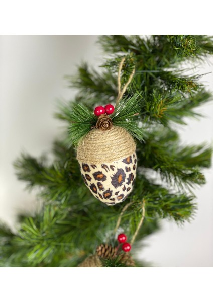 Yeni Yıl Yılbaşı Özel Lüks Koleksiyonluk Kadife Leopar Hasır Kokina Kozalak Çam Ağacı Süsü Tek Adet