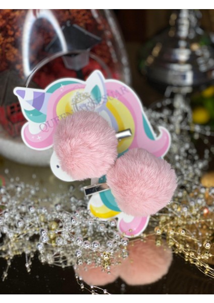 Peluş Tüylü Pudra Pembe Büyük Ponpon 2 Li Toka Seti Metal Pens modelleri