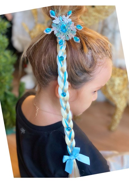 Lüks Kristal Taş Boncuk Simli Kar Tanesi Uzun Takma Sarı Örgü Saç Toka Postiş Çocuk Tokası Mavi