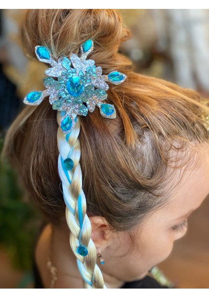 Lüks Kristal Taş Boncuk Simli Kar Tanesi Uzun Takma Sarı Örgü Saç Toka Postiş Çocuk Tokası Mavi fiyatları