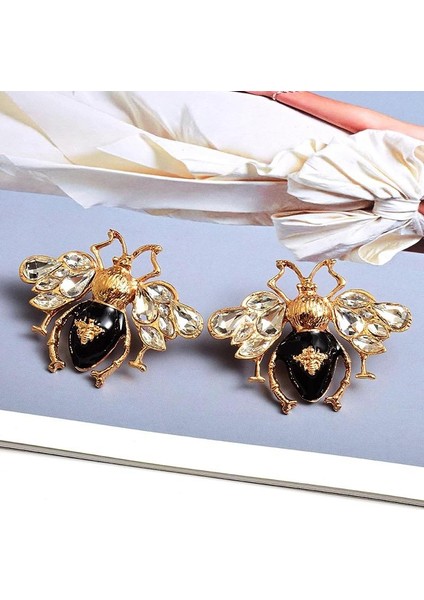 Yeni Lüks Moda Trend Kristal Zikron Taşlı Incili Büyük Arı Sinek Küpe Gold Altın Siyah fırsatları