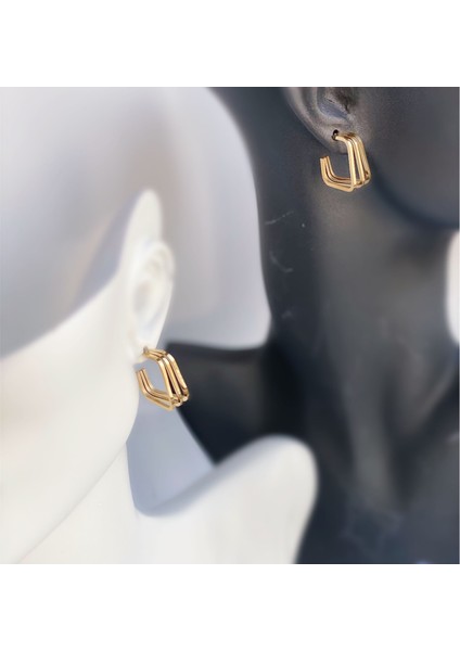 Yeni Lüks Trend Zara Model 3lü Sıra Kare Halka Çelik Küpe Gold Altın