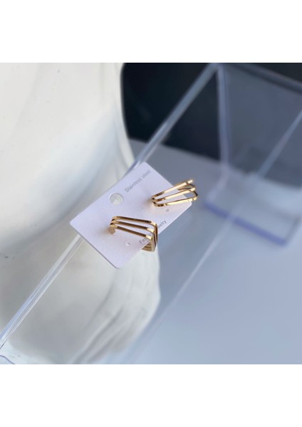 Yeni Lüks Trend Zara Model 3lü Sıra Kare Halka Çelik Küpe Gold Altın modelleri