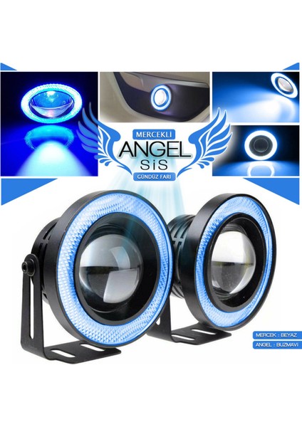 Universal Mercekli LED Angel Sis Farı, 76MM Buz Mavi Renk