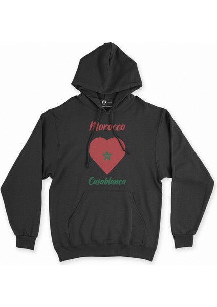 Kazablanka Fas Bayraklı Kalpli Siyah Sweatshirt Hoodie