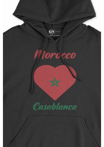 Kazablanka Fas Bayraklı Kalpli Siyah Sweatshirt Hoodie fiyatları