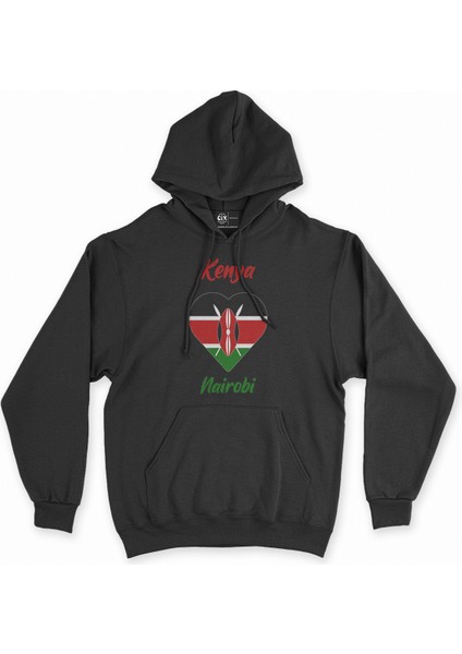 Nairobi Kenya Bayraklı Kalpli Siyah Sweatshirt Hoodie
