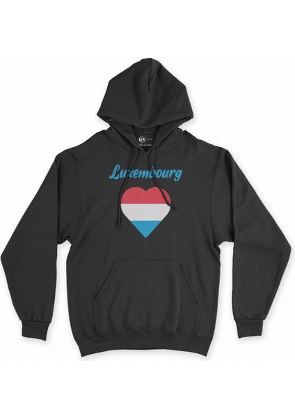 Lüksemburg Bayraklı Kalpli Siyah Sweatshirt Hoodie