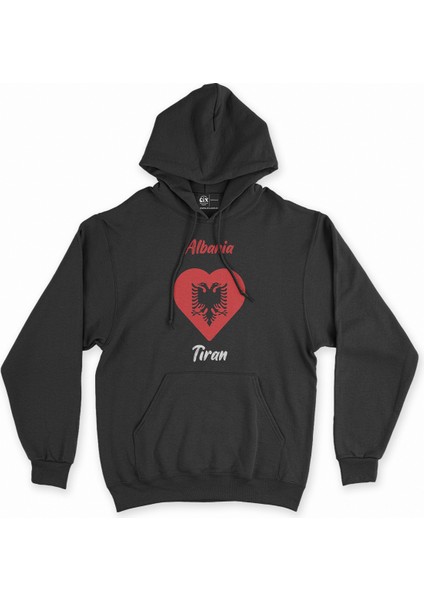 Tiran Arnavutluk Bayraklı Kalpli Siyah Sweatshirt Hoodie