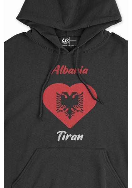 Tiran Arnavutluk Bayraklı Kalpli Siyah Sweatshirt Hoodie