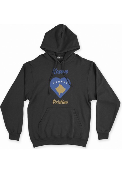 Piriştine Kosova Bayraklı Kalpli Siyah Sweatshirt Hoodie