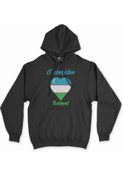 Taşkent Özbekistan Bayraklı Kalpli Siyah Sweatshirt Hoodie