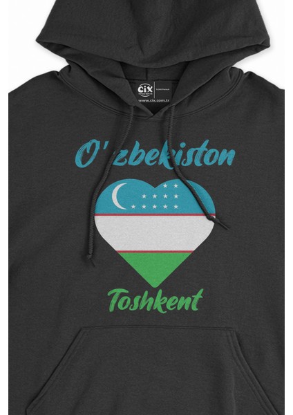 Taşkent Özbekistan Bayraklı Kalpli Siyah Sweatshirt Hoodie fiyatları