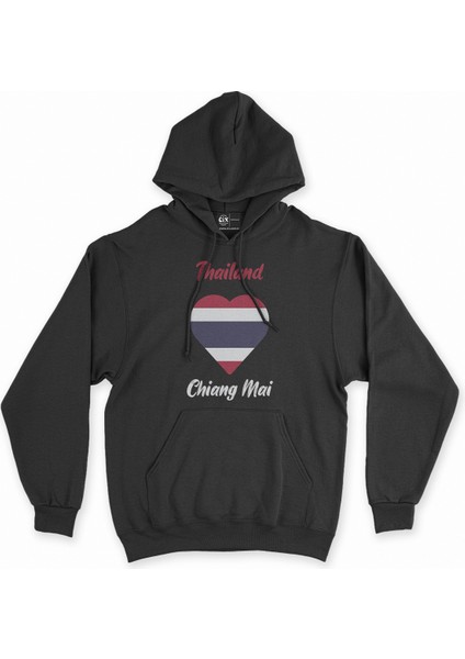 Chiang Mai Tayland Bayraklı Kalpli Siyah Sweatshirt Hoodie