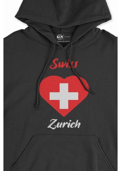 Zürih Isviçre Bayraklı Kalpli Siyah Sweatshirt Hoodie fiyatları