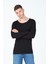 Siyah Kesik Yaka Uzun Kol %100 Pamuk Basic T-Shirt 2