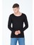 Siyah Kesik Yaka Uzun Kol %100 Pamuk Basic T-Shirt 3