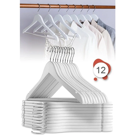 Esti 12 Adet Ahşap Görünümlü Plastik Askı, Kıyafet ve Elbise Askısı Beyaz