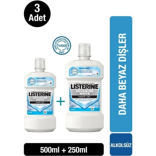 Listerine Advanced White Hafif Tat Ağız Bakım Suyu 500 + 250 Ml X 3