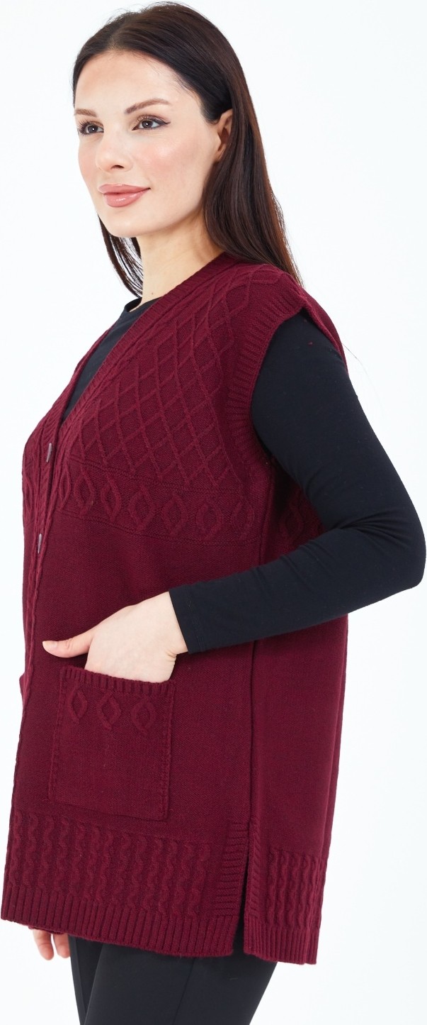 Elçelya Moda Kadın Bordo V Yaka Düğmeli Cepli Yün Anne Triko Yelek görsel 4