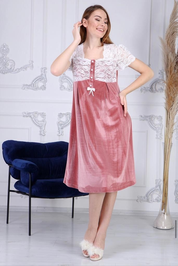 Duchesse 7008 Gülkurusu Kadife Hamile Lohusa Gecelik Sabahlık Takım görsel 4