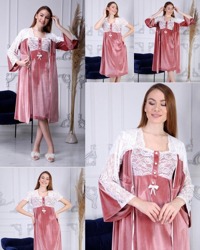 Duchesse 7008 Gülkurusu Kadife Hamile Lohusa Gecelik Sabahlık Takım görsel 5