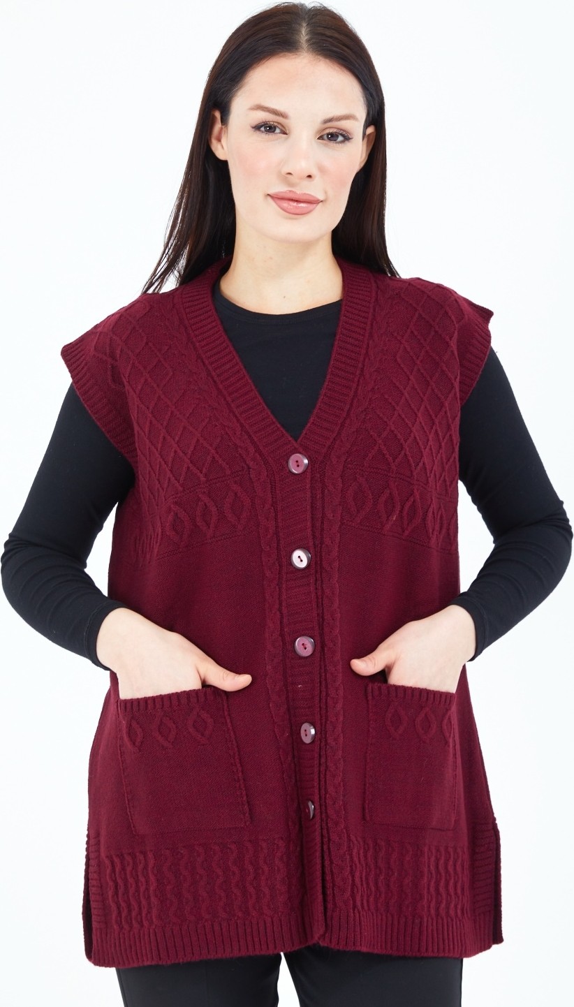 Elçelya Moda Kadın Bordo V Yaka Düğmeli Cepli Yün Anne Triko Yelek