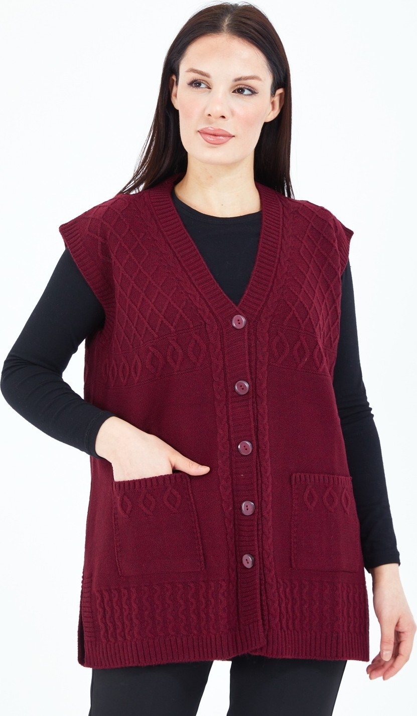 Elçelya Moda Kadın Bordo V Yaka Düğmeli Cepli Yün Anne Triko Yelek görsel 2