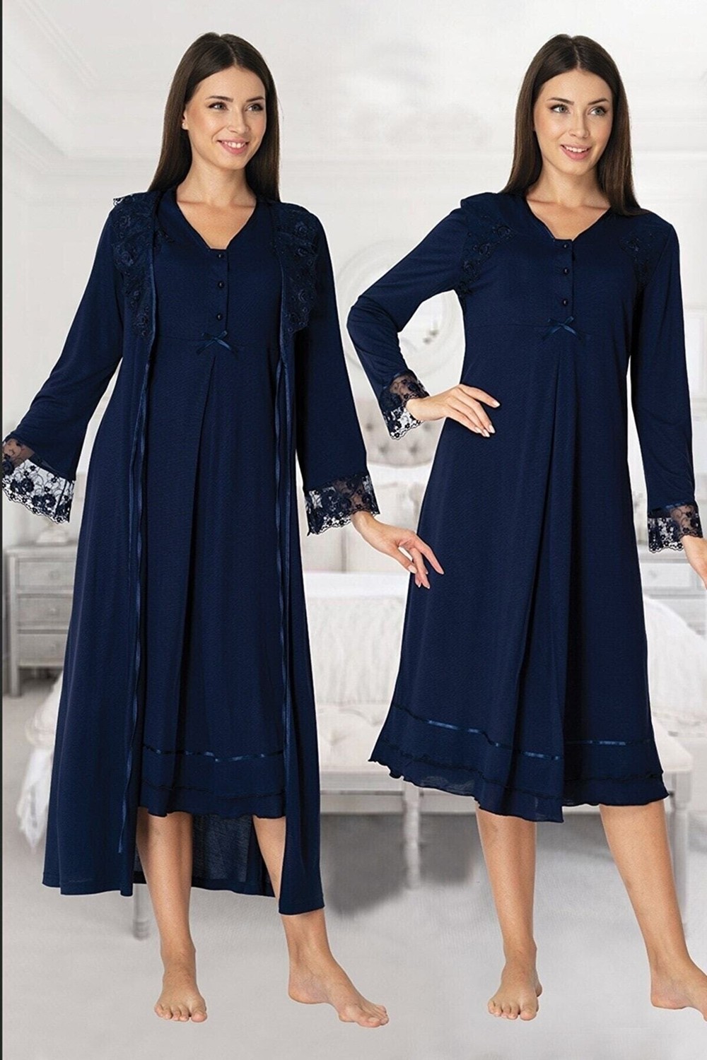 Effort t Model 2425 Lacivert Sabahlıklı Lohusa Gecelik Takım 2425
