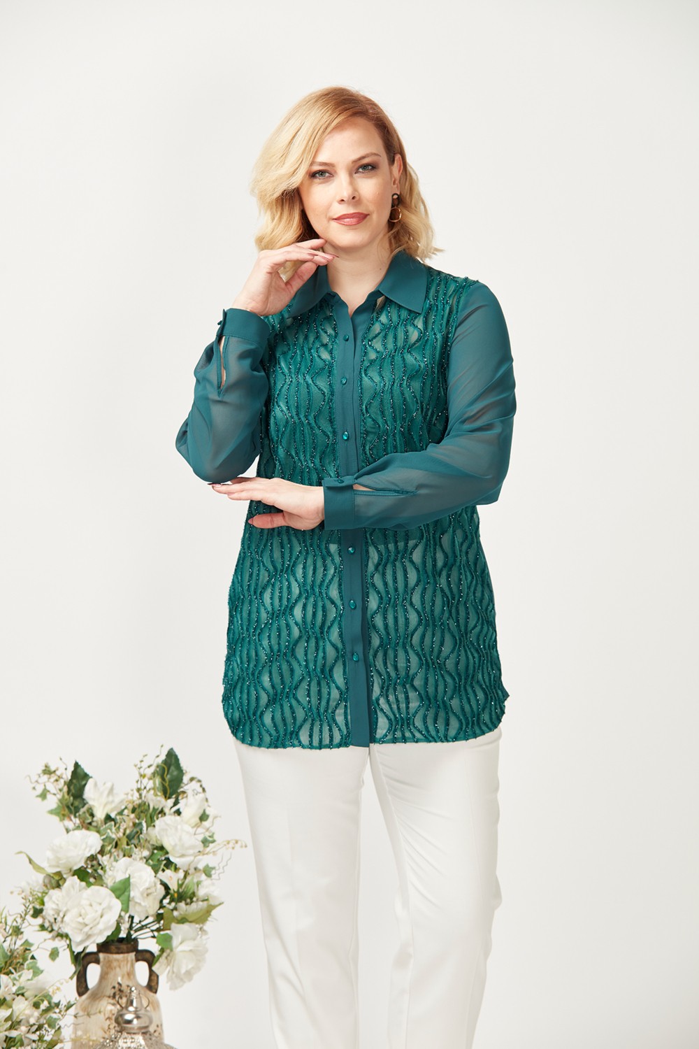 Moda Berray 3211 Simli Jakarlı Şifon Büyük Beden Şık Gömlek Yeşil