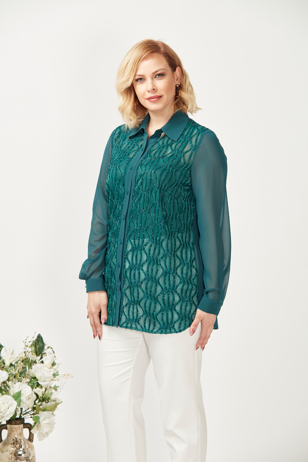 Moda Berray 3211 Simli Jakarlı Şifon Büyük Beden Şık Gömlek Yeşil görsel 2