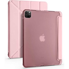 Case 4U Apple iPad Pro 12.9 2021 (5.Nesil) Kalem Bölmeli Tri Folding Smart Standlı Pu Deri Arkası Yumuşak Silikon 360 Tam Koruma Rose Gold