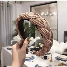 Queen Aksesuar Yeni Sezon Moda Örgü Metal Zincirli Lüks Taç Bej Kahve Parlak