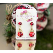 Queen Aksesuar Özel Lüks Yakut Kırmızı Kristal Taşlı Külah Altın Top Damla Sarkıt Küpe