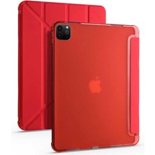 Case 4U Apple iPad Pro 12.9 2021 (5.Nesil) Kalem Bölmeli Tri Folding Smart Standlı Pu Deri Arkası Yumuşak Silikon 360 Tam Koruma Kırmızı